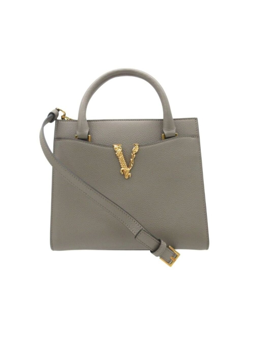 Versace 2-Way Shoulder Bag Logo Gold Virtus Leather Purse Greige